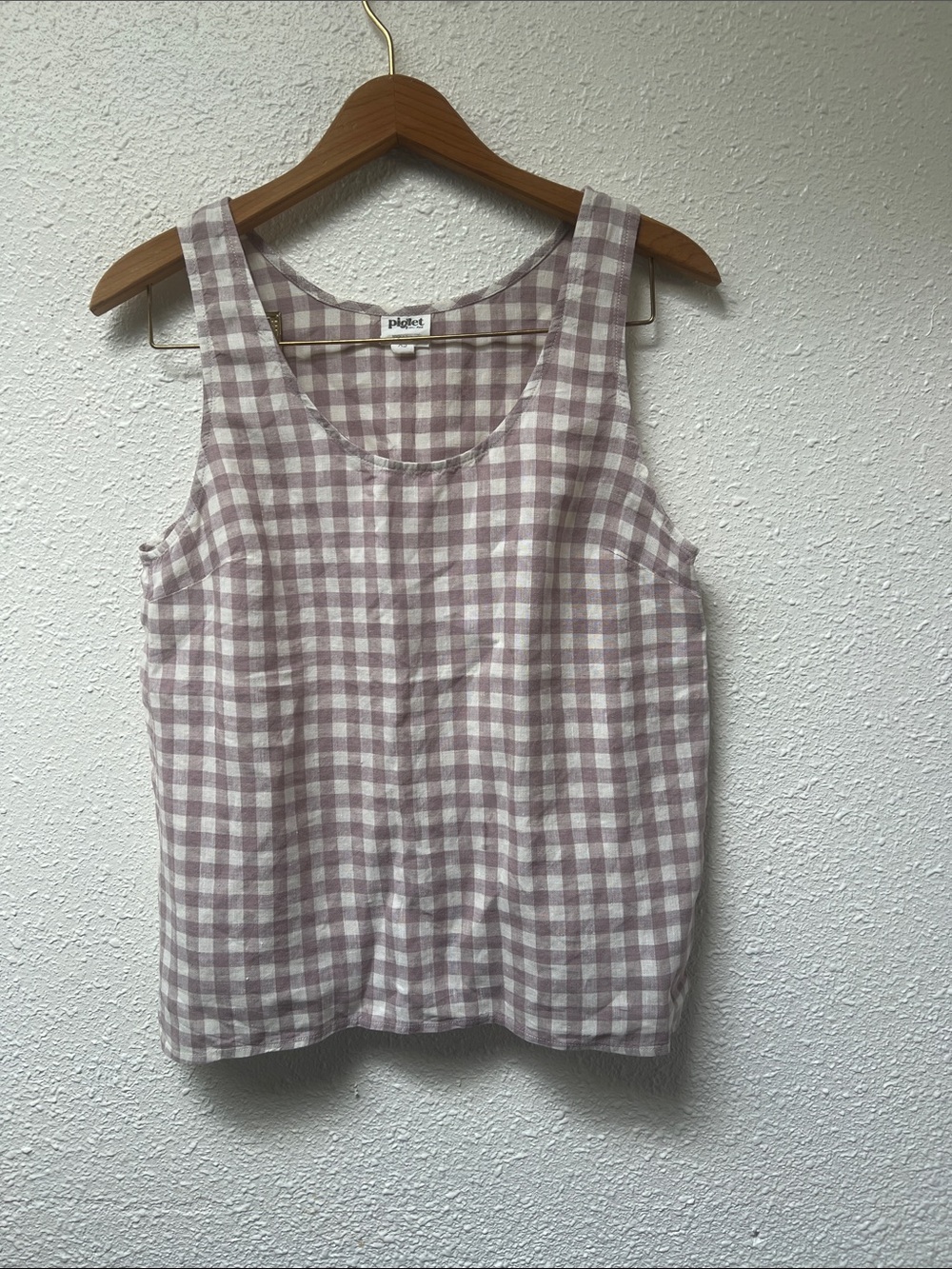 Lavender Gingham Linen-Blend Tank Top XS 100% linen